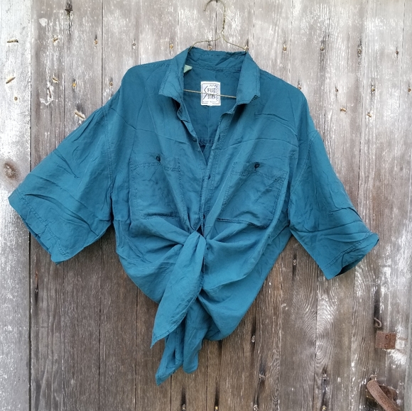 VTG 90s Turquoise Teal Silk Boxy Button Up Shirt - Picture 6 of 11